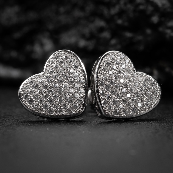 Womens Large Heart White Gold 925 Sterling Silver Micro Pave Cz Stud Earrings - Picture 4 of 5